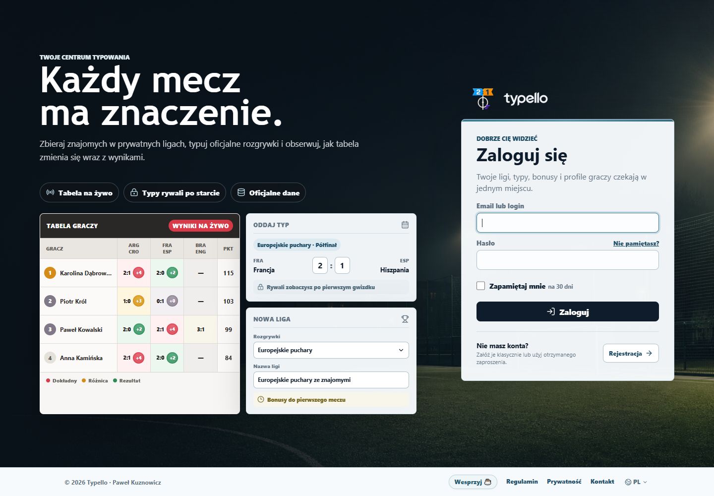 Ekran wejściowy Typello z podglądem rankingu, formularzem typu i panelem logowania