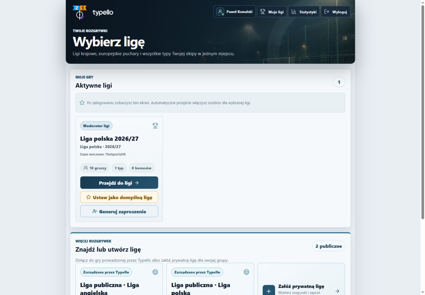 Wybór prywatnych i publicznych lig po zalogowaniu do Typello