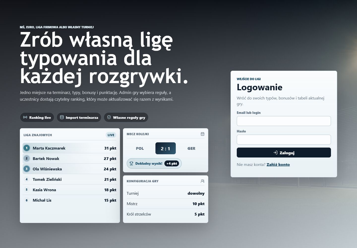 Ekran wejściowy Typera z rankingiem, wynikiem meczu i panelem logowania