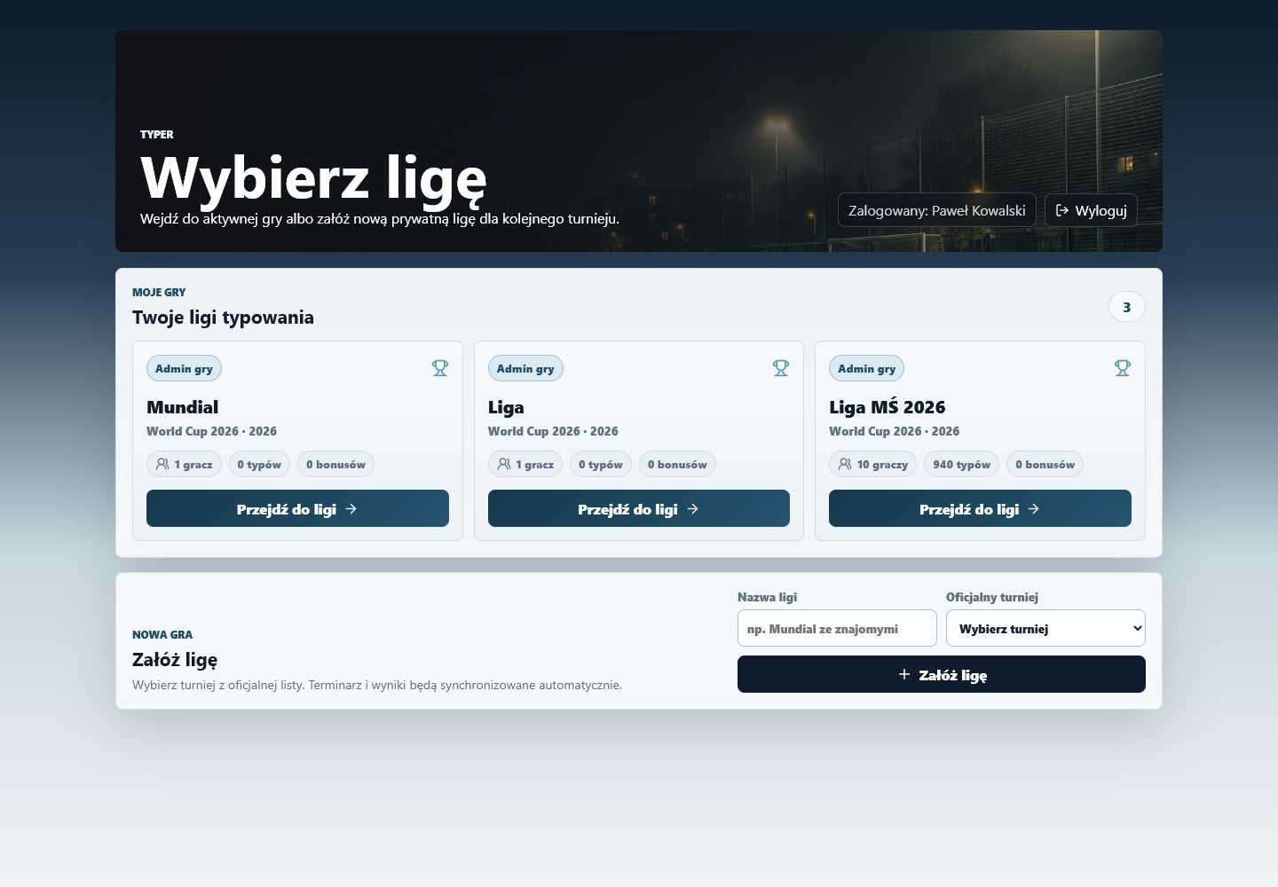 Wybór prywatnej ligi po zalogowaniu do Typera